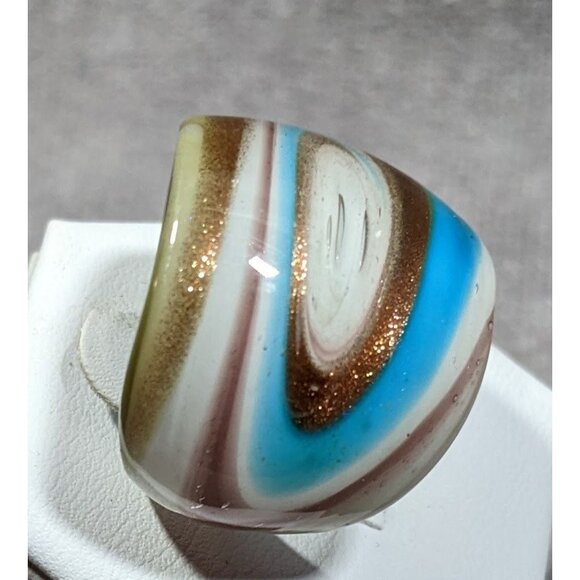Lampwork Glass White Blue And Gold Tone Ring Size 7 - Picture 7 of 9